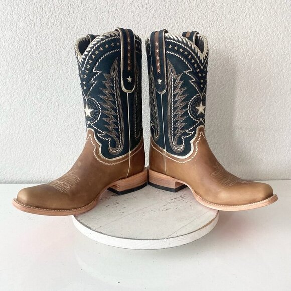 Lane RODEO HOUSTON Mens Cowboy Boots 12.5B Brown Navy Leather Western Blunt Toe - Picture 7 of 11